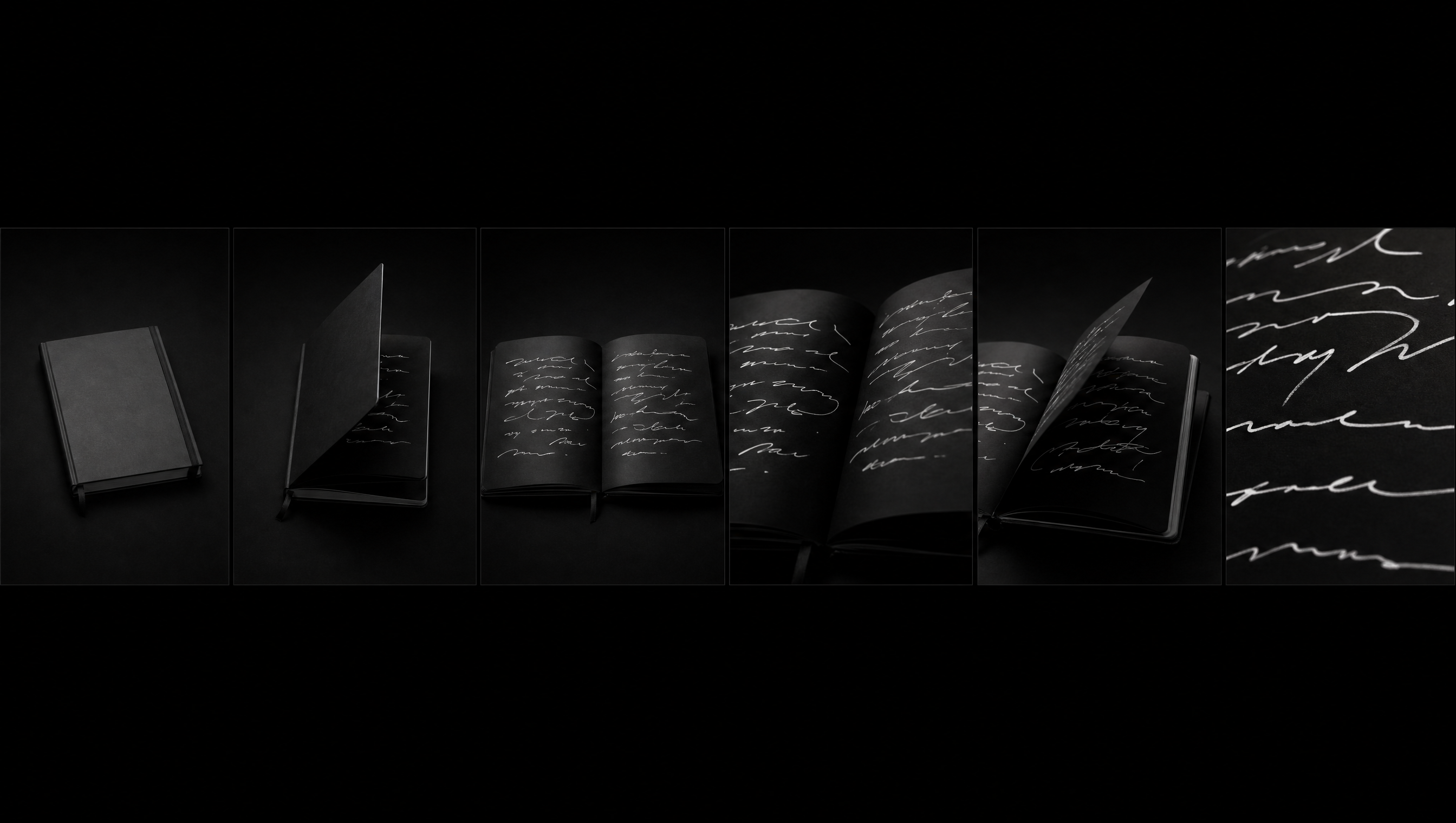 Storyboard de 6 paneles, cuaderno negro