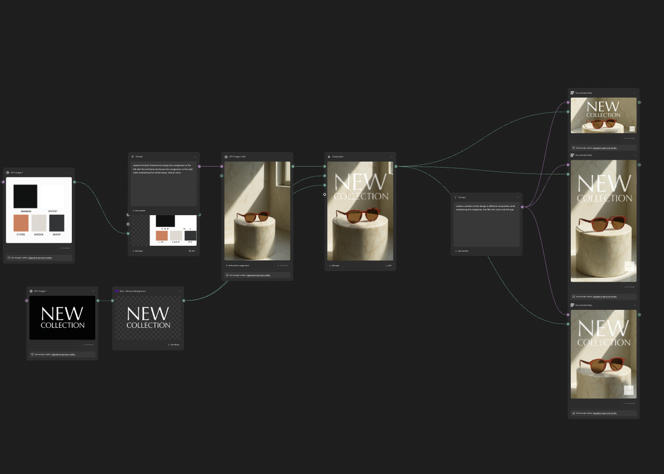 Grafo Weavy: paleta, logo, generación, composición y tres iteraciones de campaña